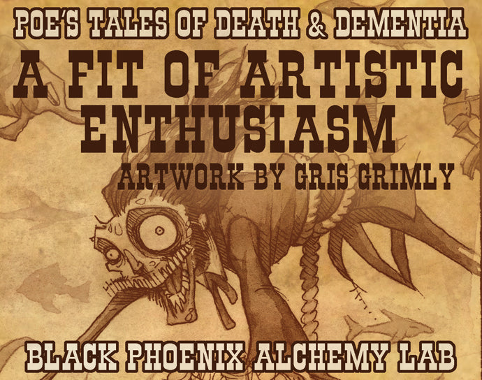 Artistic depiction of a creature with text about Poe's tales, artistic enthusiasm, and Black Phoenix Alchemy Lab.