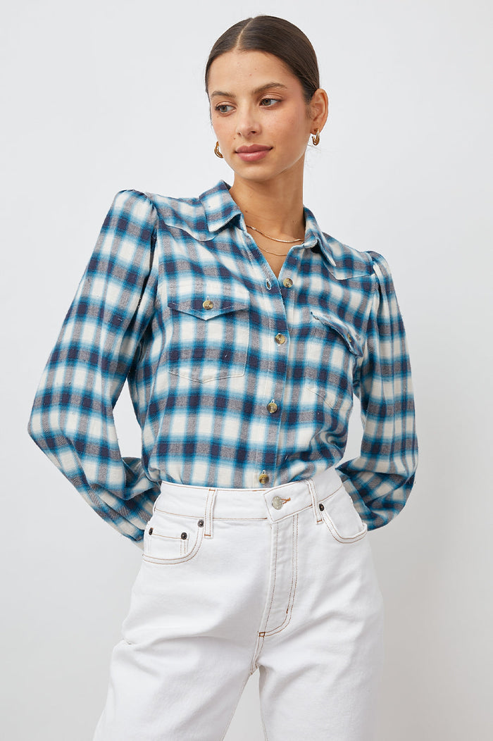 ADA IVORY NAVY TURQUOISE SHIRT-FRONT TUCKED IN