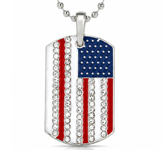 American Flag Rhinestone Dog Tag Necklace