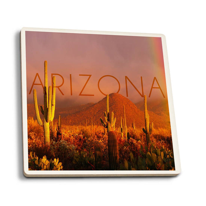 Coaster showing a desert scene with tall saguaro cacti at sunset and ARIZONA in orange