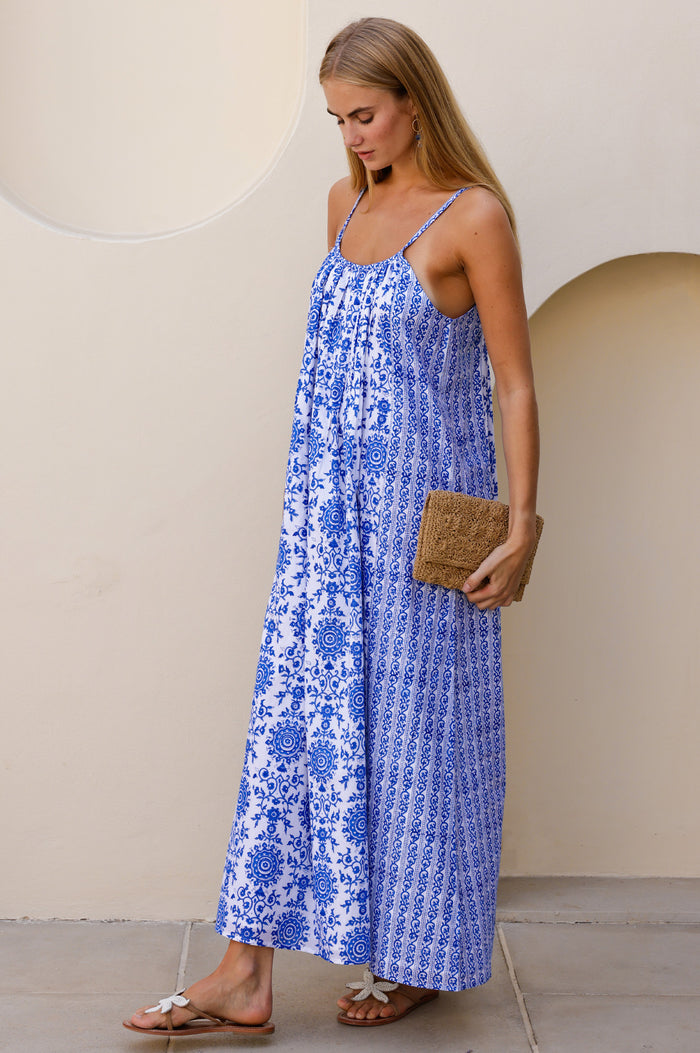 Bella Organic Cotton Block Print Sundress | White/Cobalt
