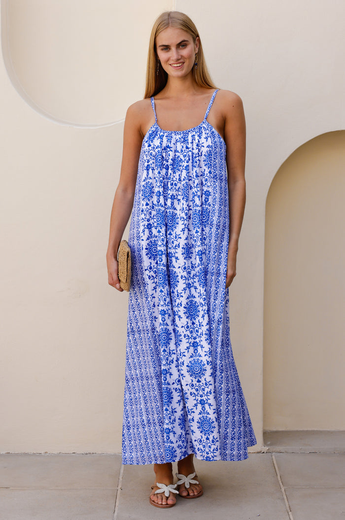 Bella Organic Cotton Block Print Sundress | White/Cobalt - Aspiga