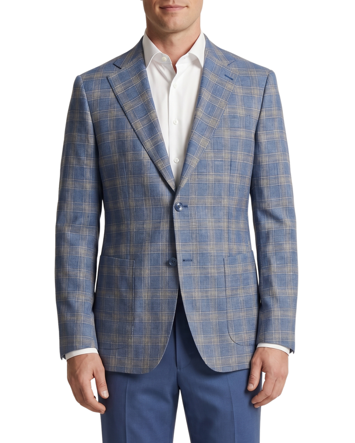 Bellucci Blue Windowpane Tailored Fit Potch Pockets Stretch 2-Button Sport Coat