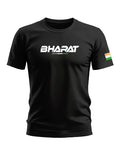 Black men's t-shirt with 'BHARAT' text and Indian flag patch on sleeve, army-inspired style