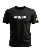 Black men's t-shirt with 'BHARAT' text and Indian flag patch on sleeve, army-inspired style