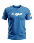 Blue men's t-shirt with 'BHARAT' text and Indian flag on sleeve, front view