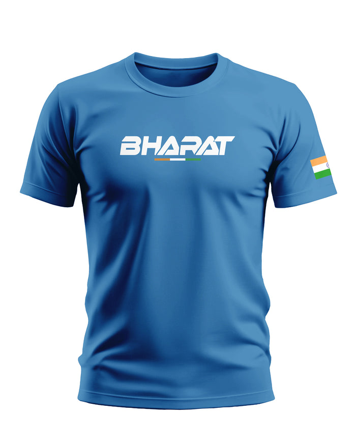 Blue men's t-shirt with 'BHARAT' text and Indian flag on sleeve, front view