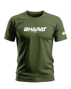 Olive green men's t-shirt with 'BHARAT' text and Indian flag graphic on sleeve