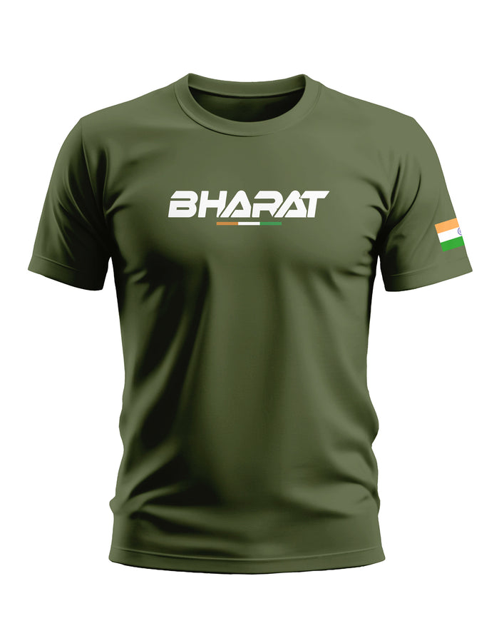 Olive green men's t-shirt with 'BHARAT' text and Indian flag graphic on sleeve