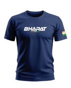 Navy blue men's t-shirt with white 'BHARAT' text and Indian flag detail on sleeve