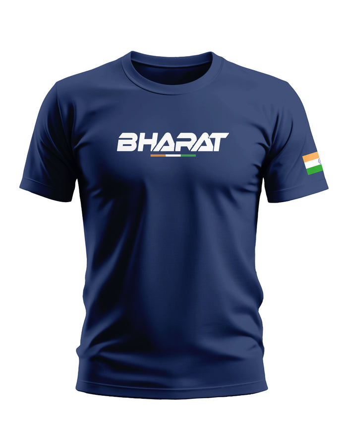 Navy blue men's t-shirt with white 'BHARAT' text and Indian flag detail on sleeve