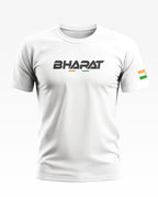 White men's t-shirt with BHARAT text and Indian flag detail on the sleeve