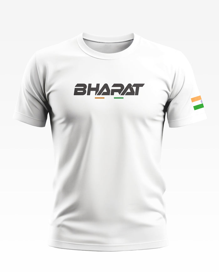 White men's t-shirt with BHARAT text and Indian flag detail on the sleeve