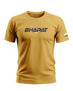 Yellow men's t-shirt with 'BHARAT' text and Indian flag on sleeve, army-inspired style
