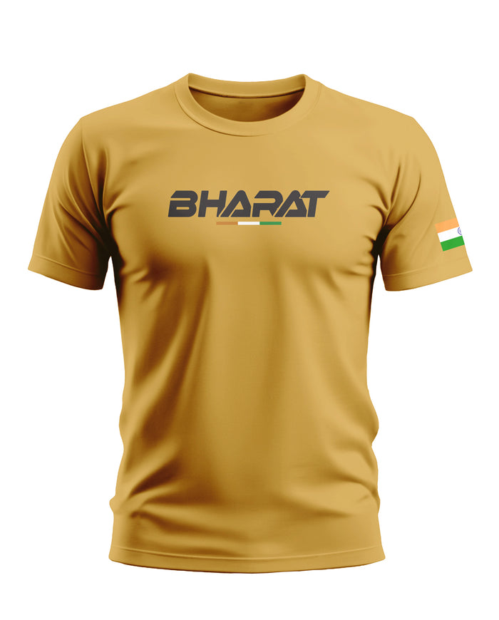 Yellow men's t-shirt with 'BHARAT' text and Indian flag on sleeve, army-inspired style