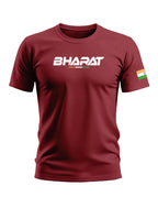 Maroon men's t-shirt with 'BHARAT' text and Indian flag graphic on sleeve