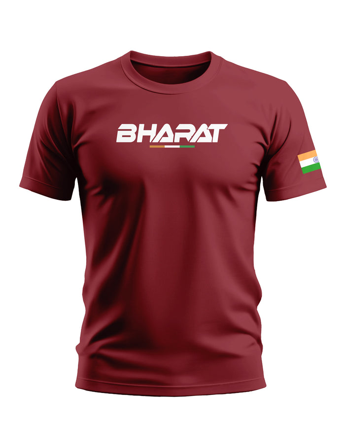 Maroon men's t-shirt with 'BHARAT' text and Indian flag graphic on sleeve