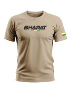 Beige men's t-shirt with 'BHARAT' text and Indian flag print on sleeve, patriotic design