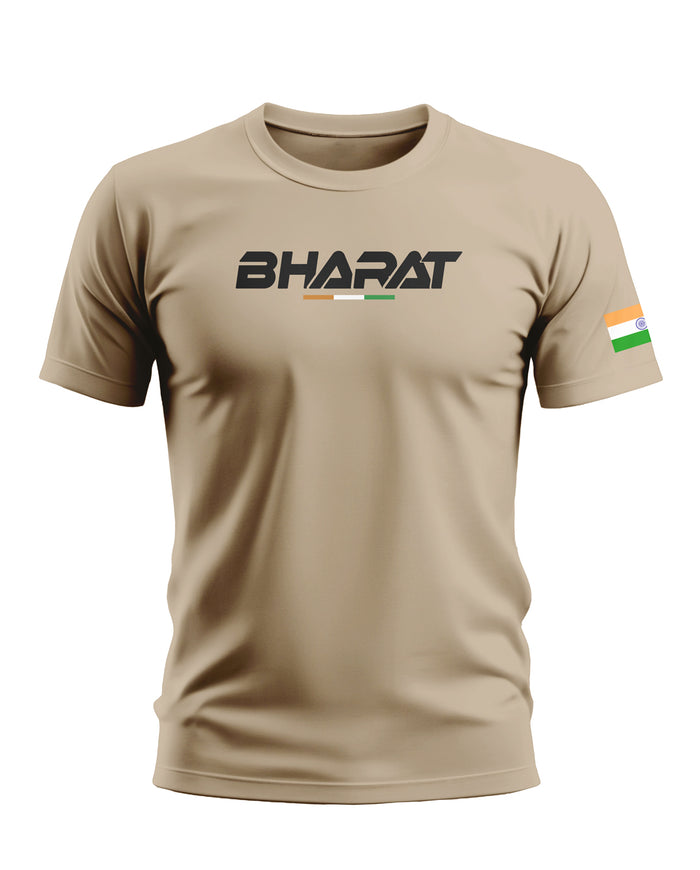 Beige men's t-shirt with 'BHARAT' text and Indian flag print on sleeve, patriotic design