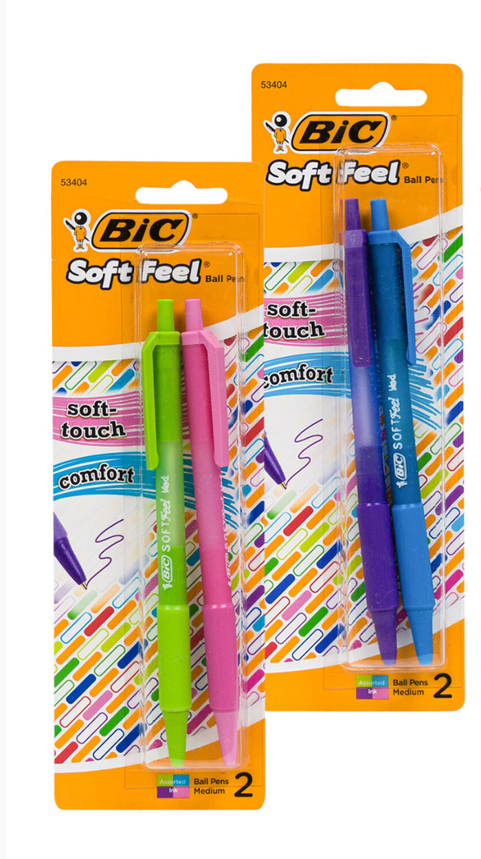 BIC Soft Feel Fashion Ink RT Ballpoint Pen w/Grip, 2 Pack, (12/2 packs per), K-4
