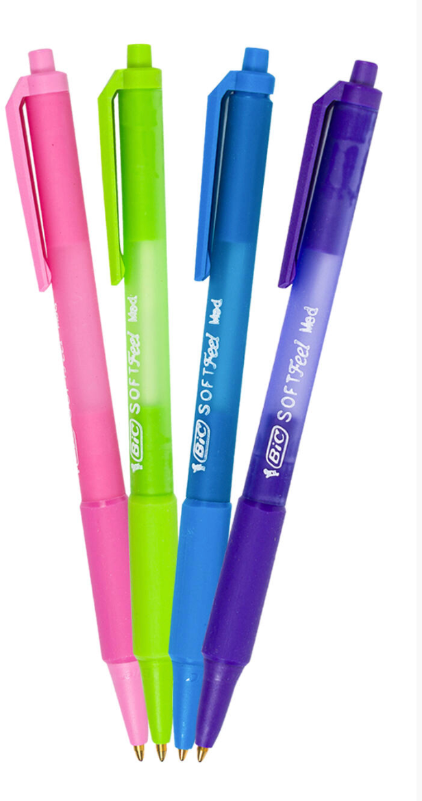BIC Soft Feel Fashion Ink RT Ballpoint Pen w/Grip, 2 Pack, (12/2 packs per), K-4