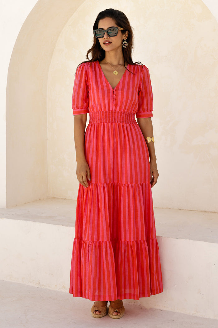 Billie Short Sleeve Organic Cotton Dress | Red/Pink - Aspiga