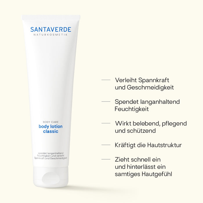 Santaverde Body Lotion Classic – Naturkosmetik Körperlotion mit Aloe Vera, Produktdarstellung mit USPs und Anwendungsvorteilen auf hellem Hintergrund