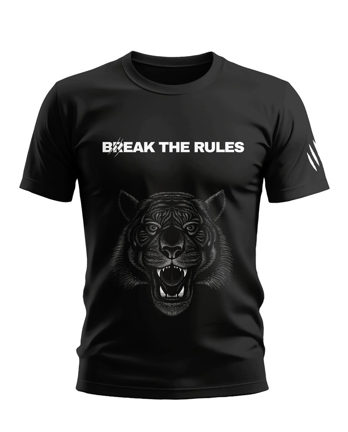 Black men's t-shirt with fierce tiger face graphic and 'Break the Rules' text print