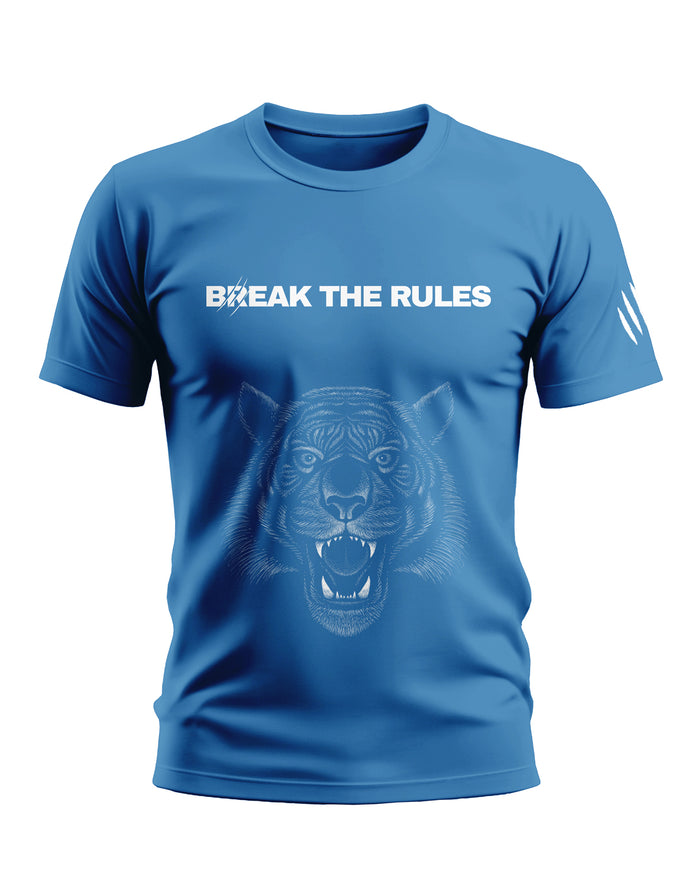 Blue men's t-shirt with 'Break the Rules' text and roaring tiger graphic on front