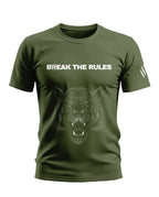 Army green men's t-shirt with 'Break The Rules' text and roaring tiger graphic print