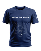 Navy blue men's t-shirt with 'Break the Rules' text and roaring tiger graphic on front