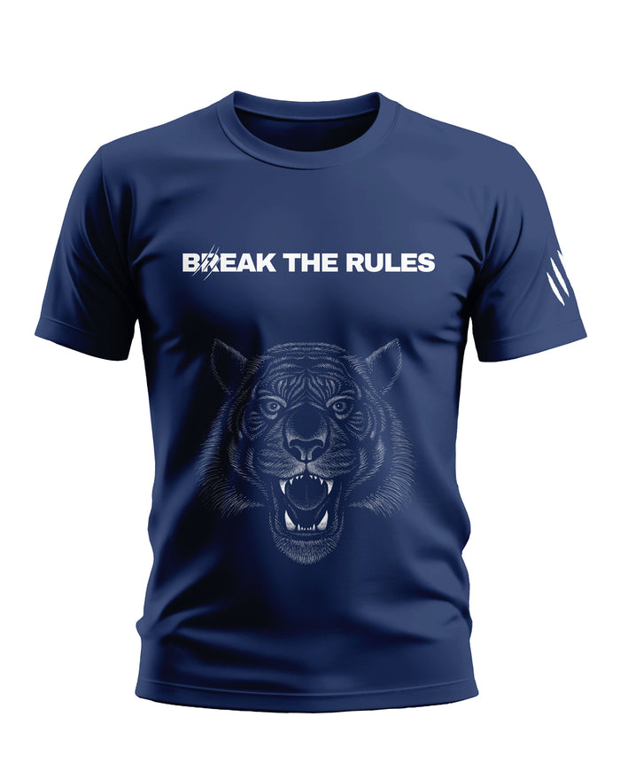 Navy blue men's t-shirt with 'Break the Rules' text and roaring tiger graphic on front