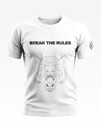 White men's t-shirt with 'Break The Rules' text and fierce tiger face graphic, bold sleeve design