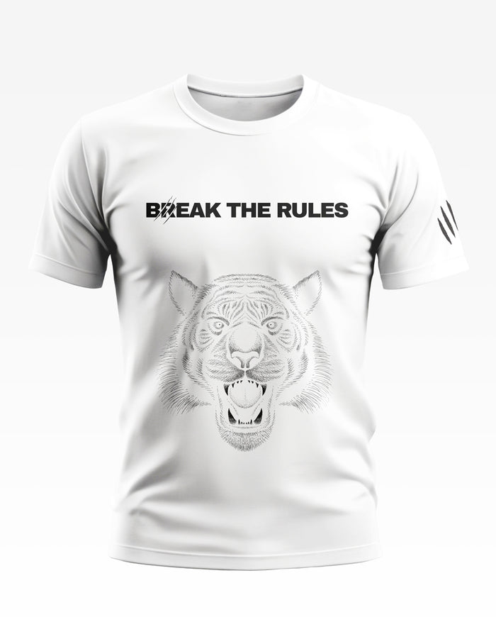 White men's t-shirt with 'Break The Rules' text and fierce tiger face graphic, bold sleeve design