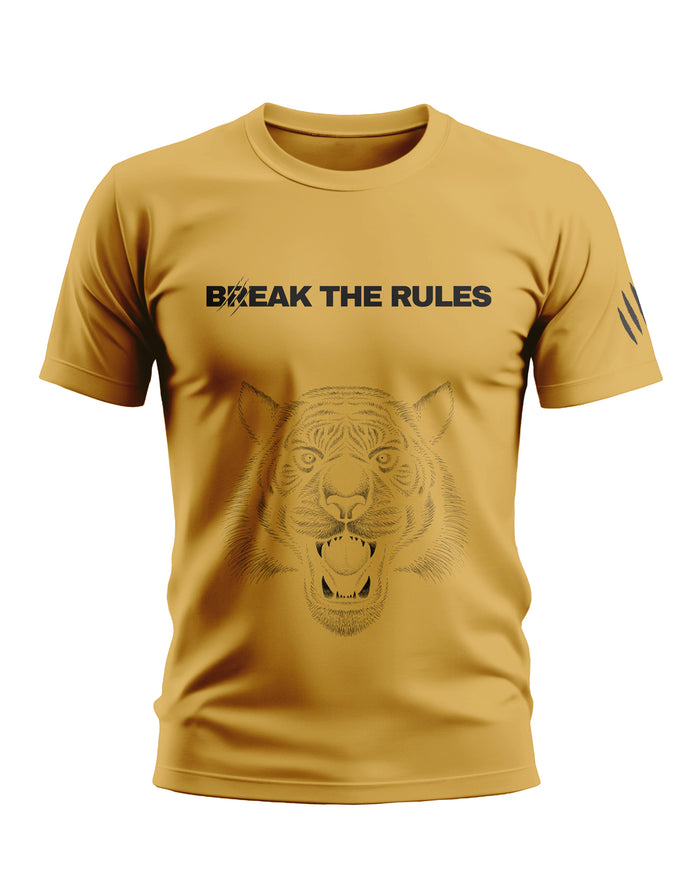 Yellow men's t-shirt with 'Break The Rules' text and fierce tiger graphic, casual streetwear