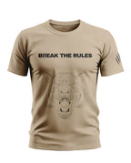 Beige men's t-shirt with 'Break The Rules' text, tiger face graphic, and claw mark accents