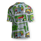Car Carpet City Hawaiian Shirt - The specific intersection of "cement asphalt grays (#9E9E9E)" with dashed white lane markers, "playroom turf green (#4CAF50)" patches, and the iconic rooftop 'H' hospital amid "fire engine red (#D32F2F)" roofs, instantly unlocking sensory memories of pushing toy cars across a bedroom floor.