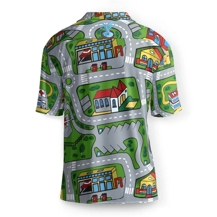Car Carpet City Hawaiian Shirt - The specific intersection of "cement asphalt grays (#9E9E9E)" with dashed white lane markers, "playroom turf green (#4CAF50)" patches, and the iconic rooftop 'H' hospital amid "fire engine red (#D32F2F)" roofs, instantly unlocking sensory memories of pushing toy cars across a bedroom floor.