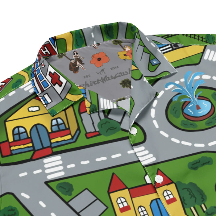 Car Carpet City Hawaiian Shirt in Nostalgic Asphalt & Turf. OEKO-TEX® 100, REACH Compliant, Zero-Wastewater Printing.