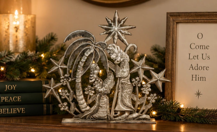 Haitian metal art celebration stars nativity theatrical — wholesale church gift shop fair trade premium