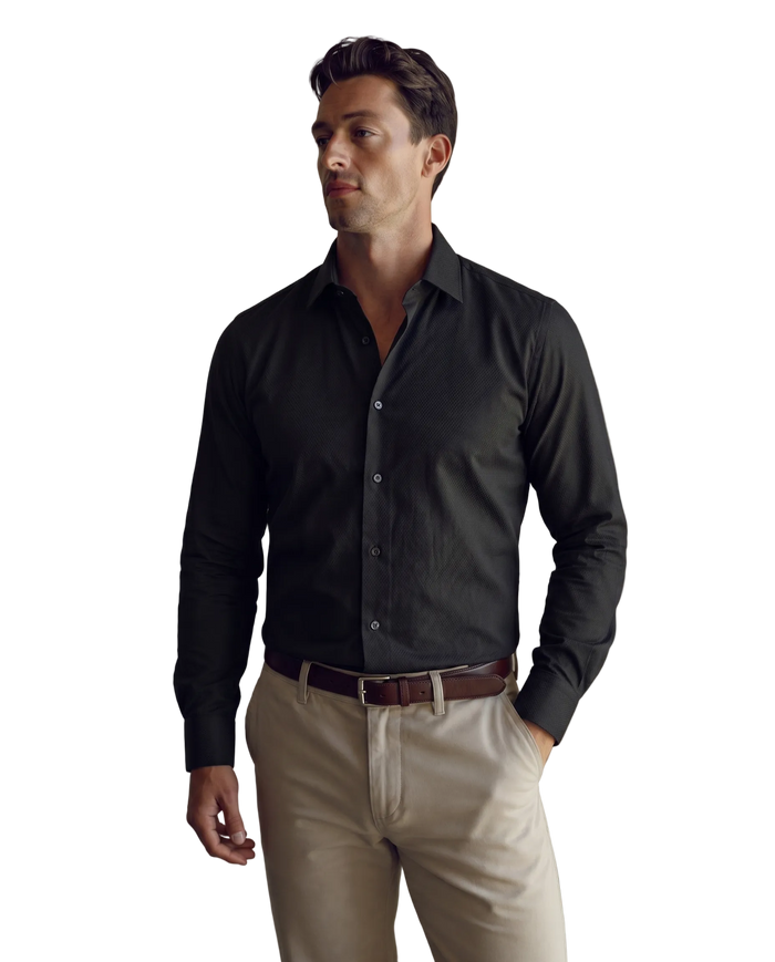 Christopher Lena Black Pique Slim Fit Spread Collar Wrinkle-Free Cotton Dress Shirt
