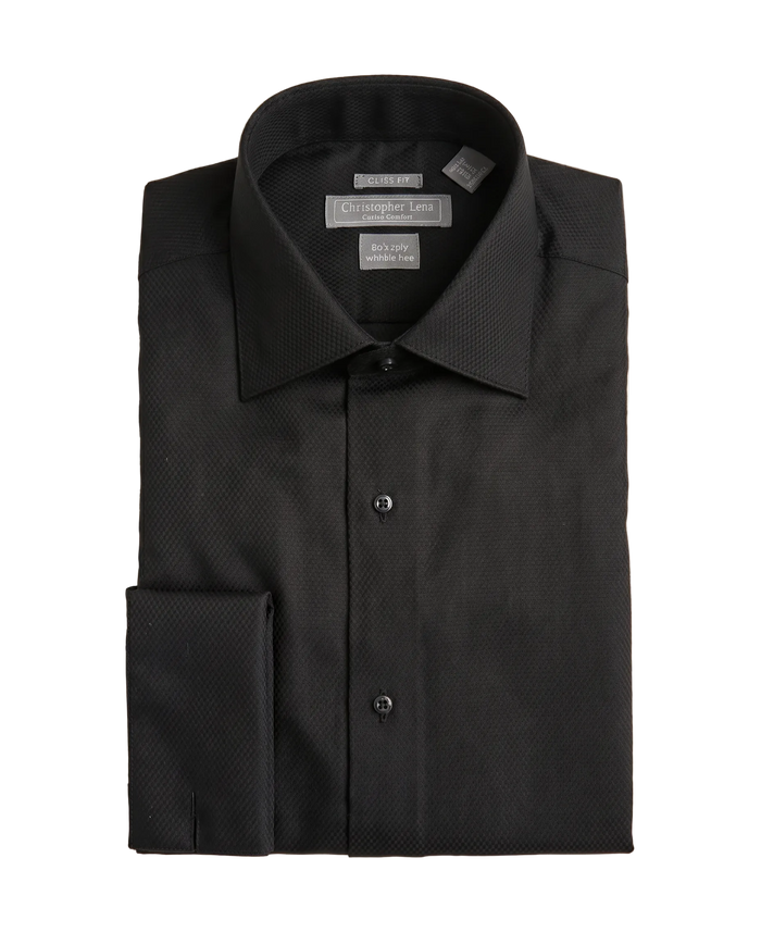Christopher Lena Black Pique Slim Fit Spread Collar Wrinkle-Free Cotton Dress Shirt