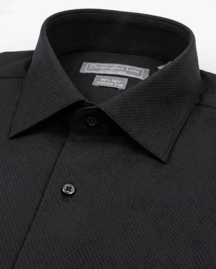 Christopher Lena Black Pique Slim Fit Spread Collar Wrinkle-Free Cotton Dress Shirt