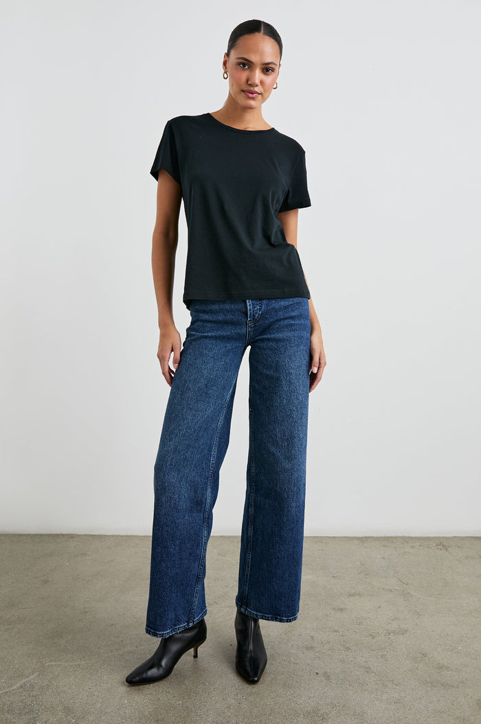 Classic Short Sleeve Crew Neck T-Shirt in Black Colorway - Front Full Body View Featured on Model