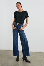 Classic Short Sleeve Crew Neck T-Shirt in Black Colorway - Front Tucked Full Body View Featured on Model