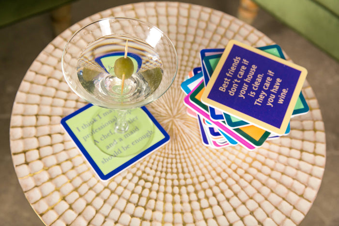 Martini with olive on coaster, Best friends care if you have wine