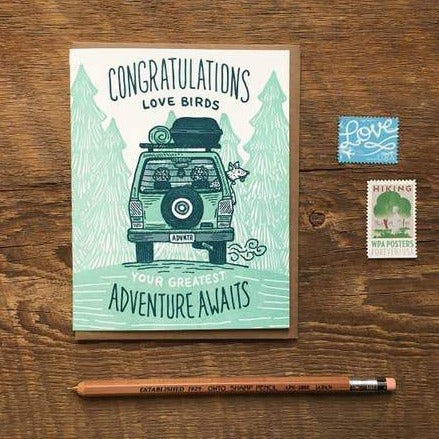 Congrats Love Birds wedding adventure card shows a teal vintage jeep in a forest scene with two small stamps beside.
