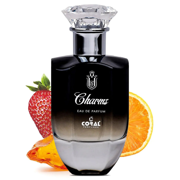 Unisex Coral Charms perfume bottle by Bin Kamal Perfumes, 100ml, with a coral-colored design and elegant packaging.