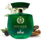 Green perfume bottle labeled 'Oud Elixir' by Coral Perfumes with floral and wood elements on a white background.