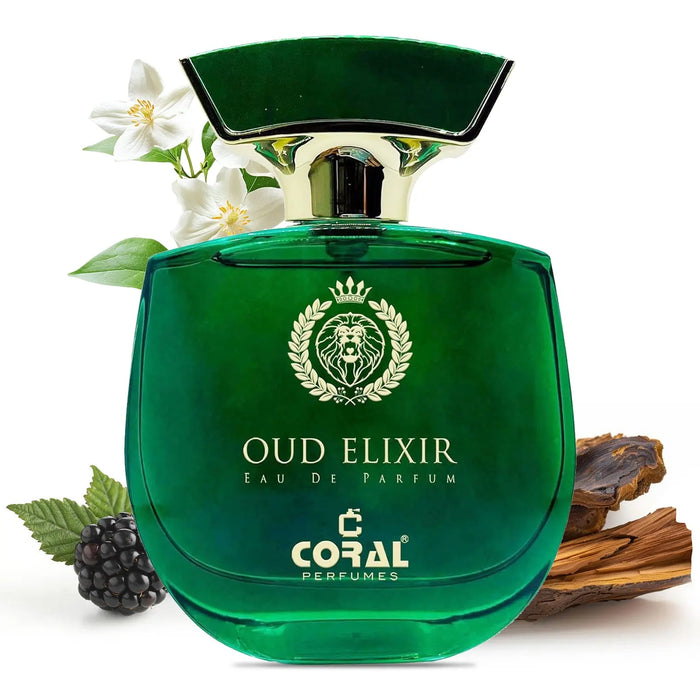 Green perfume bottle labeled 'Oud Elixir' by Coral Perfumes with floral and wood elements on a white background.